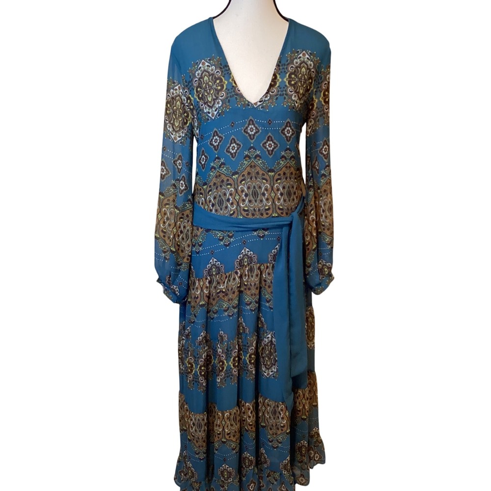 Bohme Florian Maxi‎ Dress, Teal and Brown Floral Pattern, Size Small, V-Neck